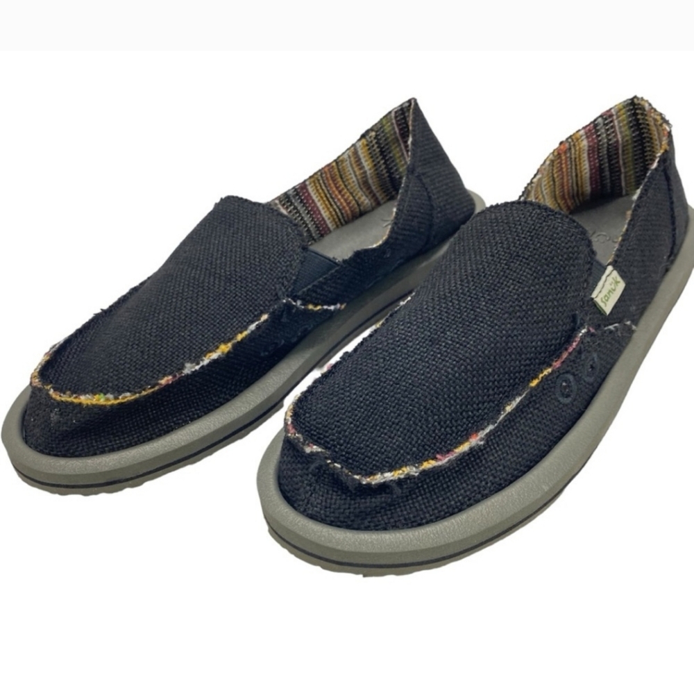 Sanuk Donna Hemp Black Canvas Slip Ons, Size 8